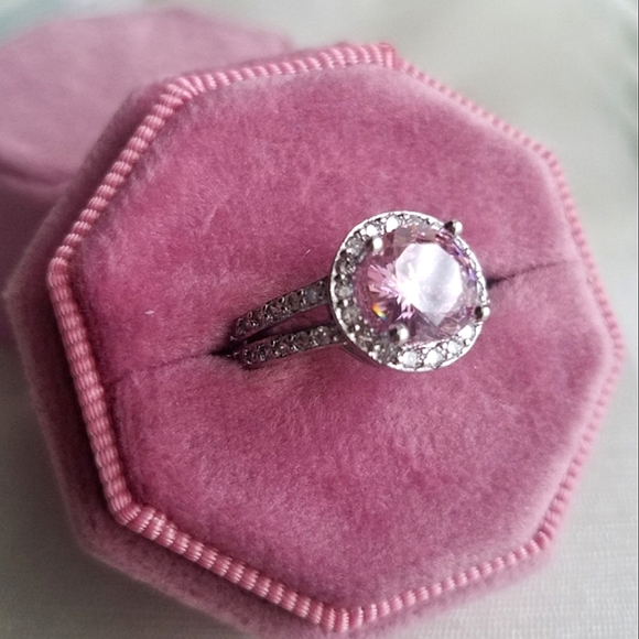 Swarovski Elements 925 Sterling Silver Round Pink Solitaire Halo Ring NEW - Picture 3 of 17